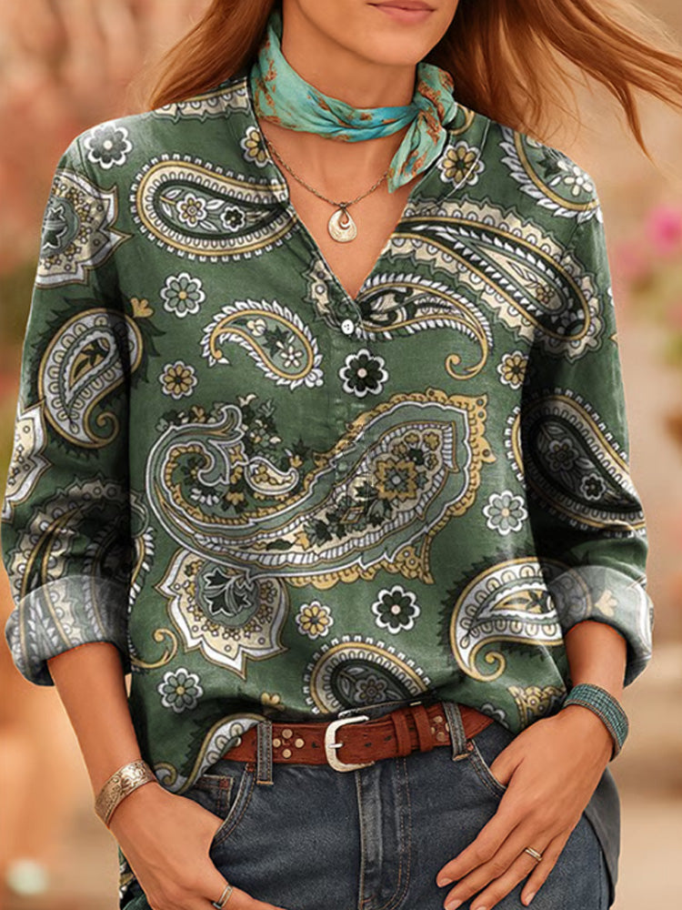 Women's Vintage Western Print Casual Long Sleeve Shirt elevenforest