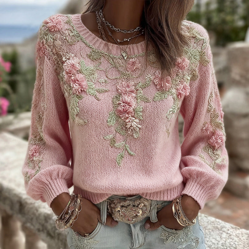 Women's Pink Floral Embroidery Art Cozy Knit Pullover Sweater elevenforest