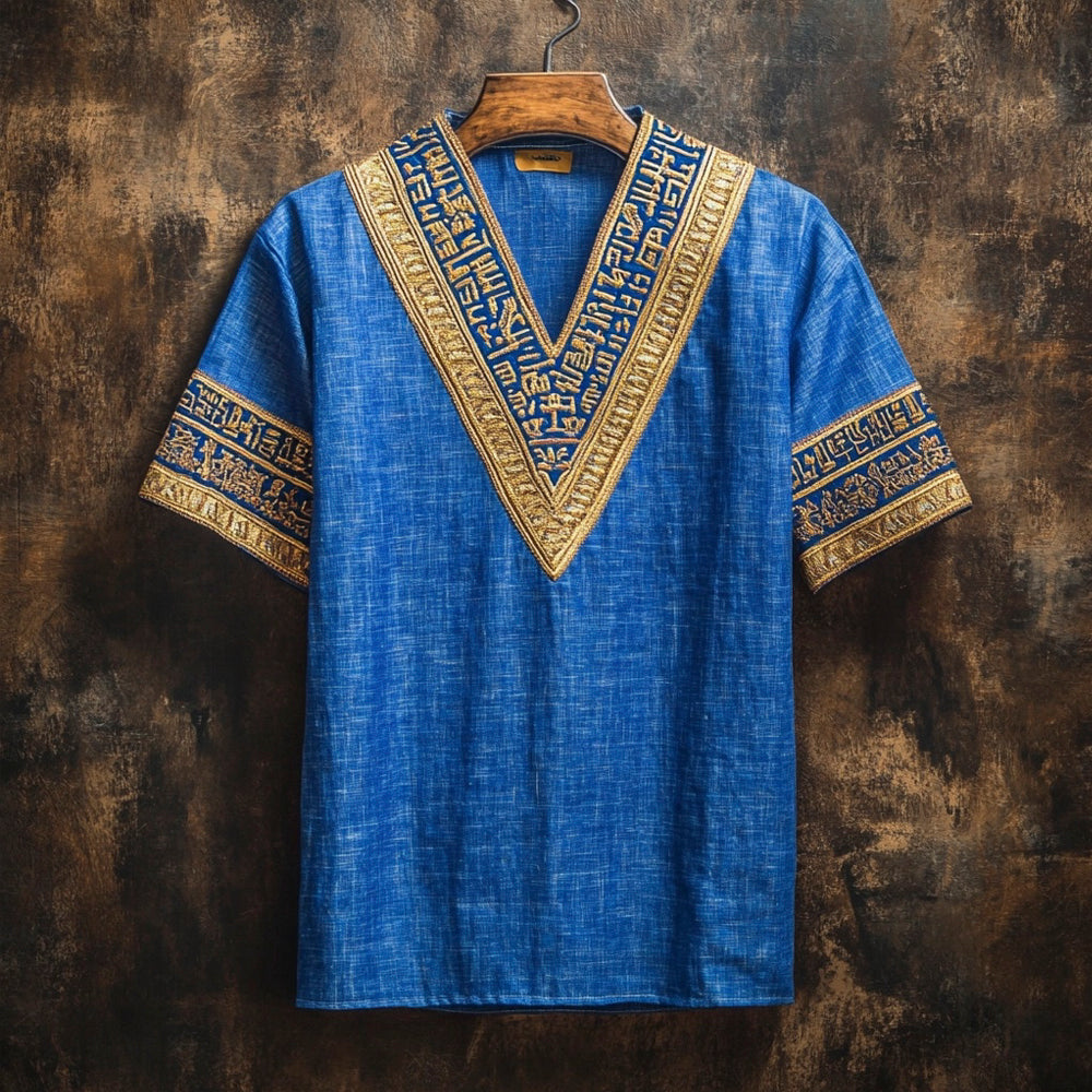Egyptian Hieroglyphic Totem Men's Linen V-neck T-shirt elevenforest