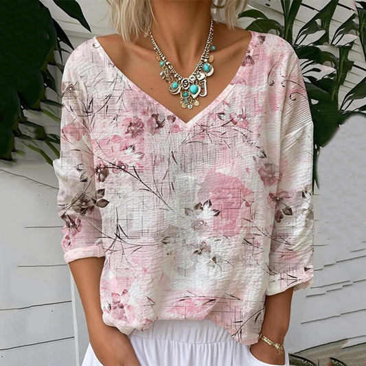 Floral Print V-neck Linen Blend T-shirt elevenforest