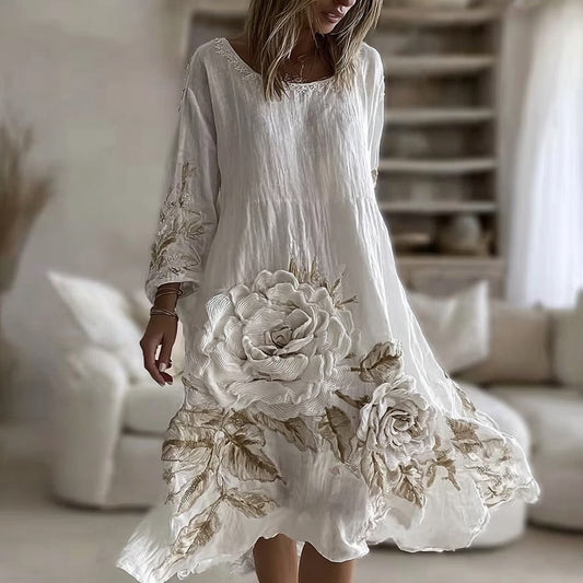 Women's Vintage White Rose Embroidery Casual Dress elevenforest