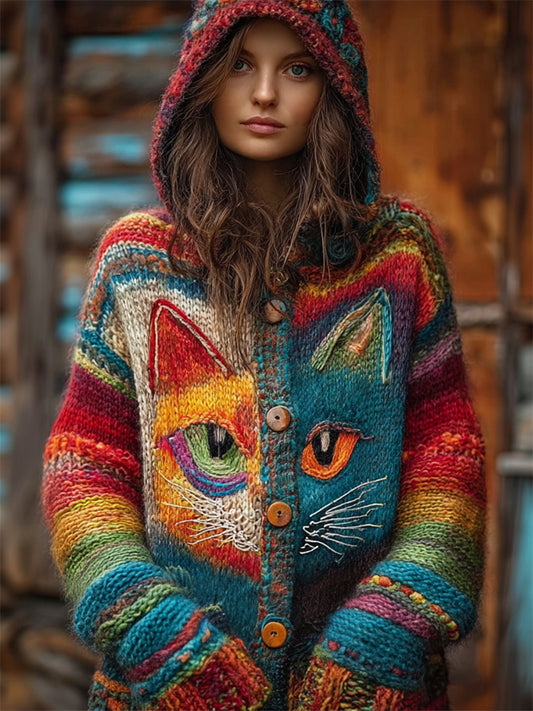 Boho Cat Face Colorful Striped Cozy Knit Cardigan elevenforest