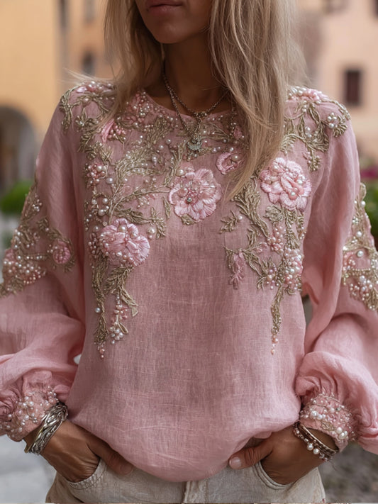 Women's Vintage Round-neck Long-sleeved Shirt With Embroidered Flowers elevenforest