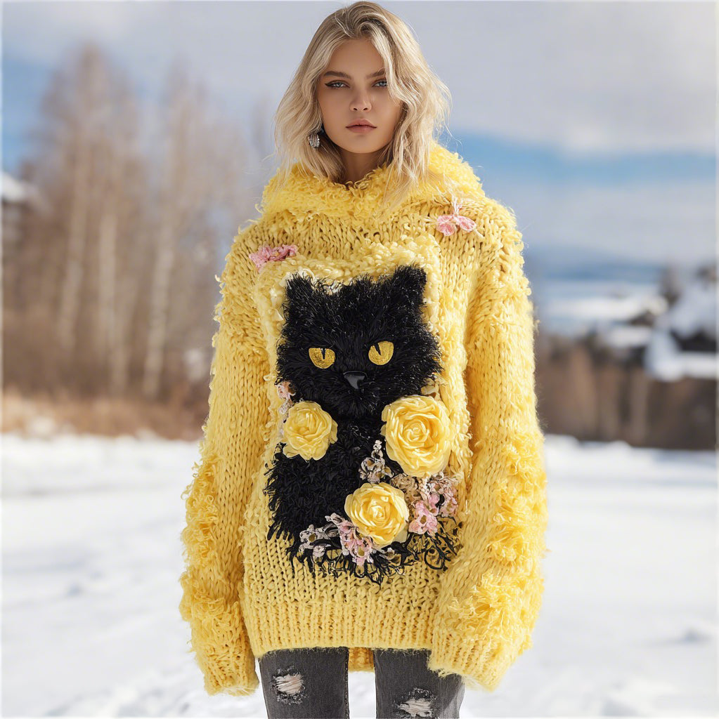 Women's Vintage Black Cat And Roses Art Knitted Warm Cazy Hooded Sweater elevenforest