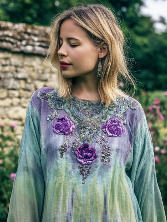 Vintage Floral Boho Style Tie-dye Women's Linen Long Sleeve Shirt elevenforest