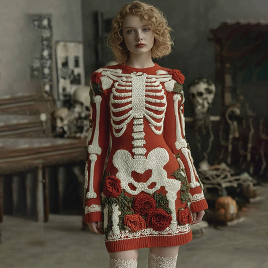 Women's Vintage Halloween Skeleton Bones Rose Comfortable Elegant Sweater Dress elevenforest
