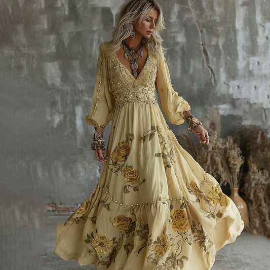 Women's Yellow Roses And Floral Art Print V-neck Long Sleeve Maxi Dress elevenforest