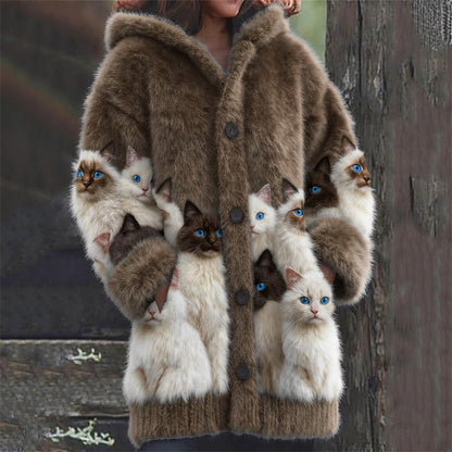 Classy Fuzzy Cats Art Cozy Knit Hooded Cardigan elevenforest