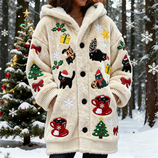 Comstylish Christmas Spooky Black Cat Art Women's Flannel Loungewear Coat