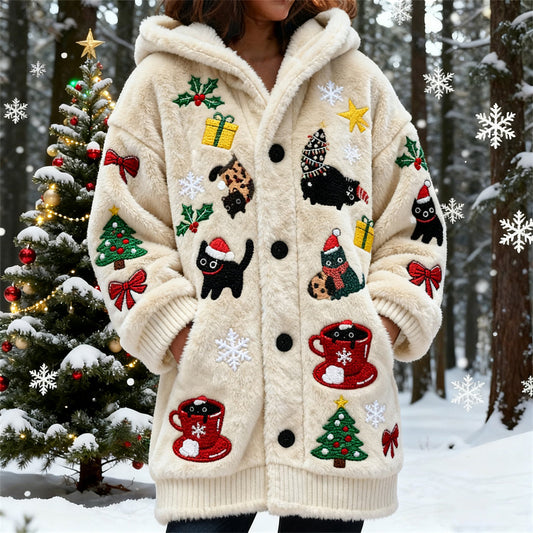 Christmas Spooky Black Cat Art Women's Flannel Loungewear Coat elevenforest