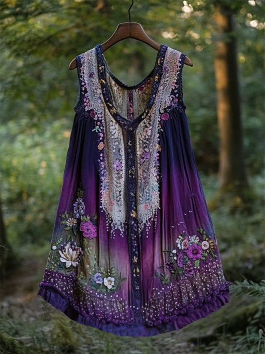 Boho Lavender Art Linen Patchwork Art  Sleeveless Tank Top elevenforest