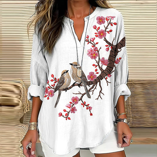 Comstylish Women's Cherry Blossom And Flax Long-sleeved Shirt