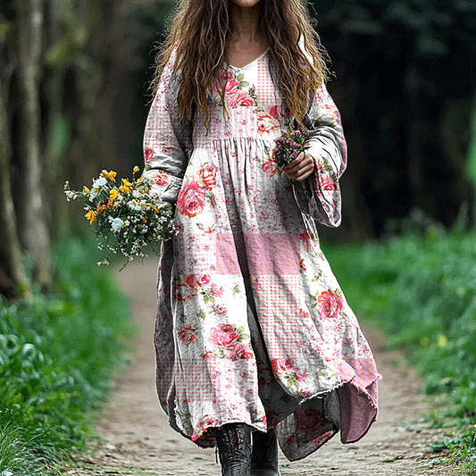 Vintage Floral Art Cotton Linen Comfy Maxi Dress elevenforest