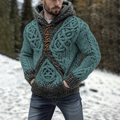 Vintage Celtic Knot Coarse Knit Men's Hooded Sweater elevenforest
