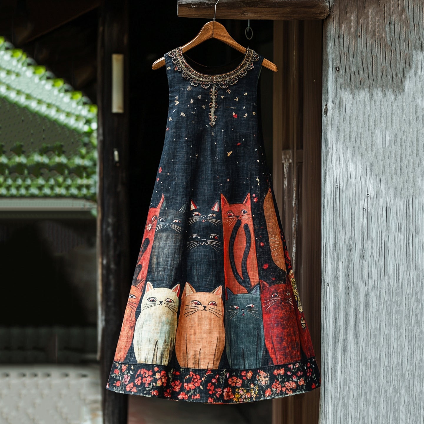 Casual Pop Art Patchwork Cotton Linen Cat Dress elevenforest