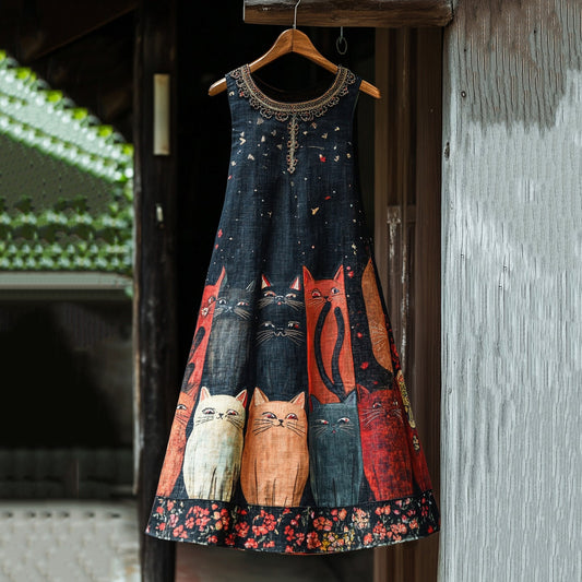 Casual Pop Art Patchwork Cotton Linen Cat Dress elevenforest