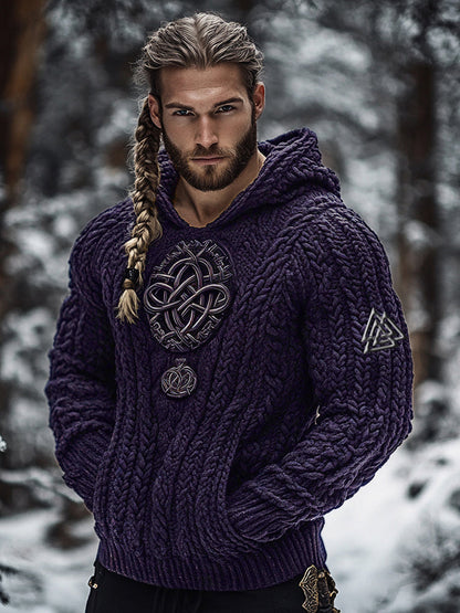 Men's Viking Tribal Jacquard Celtic Inspired Chunky Knit Hooded Sweater elevenforest