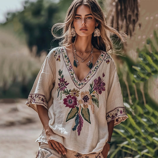 Women's Floral Embroidery V Neck Casual Linen Top elevenforest