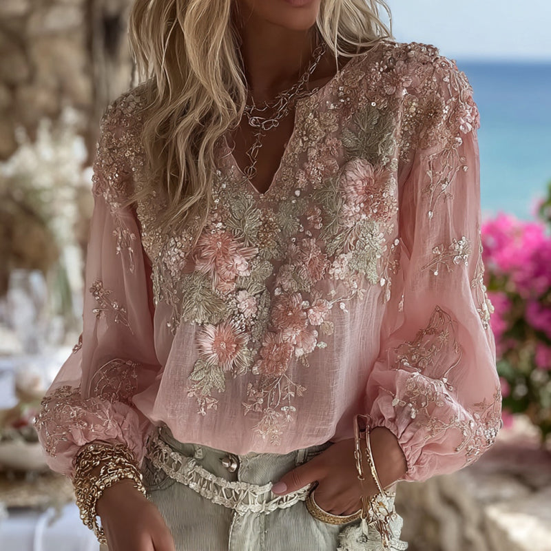 Women's Elegant Pink Floral Embroidery Art V-neck Long Sleeve Blouse elevenforest