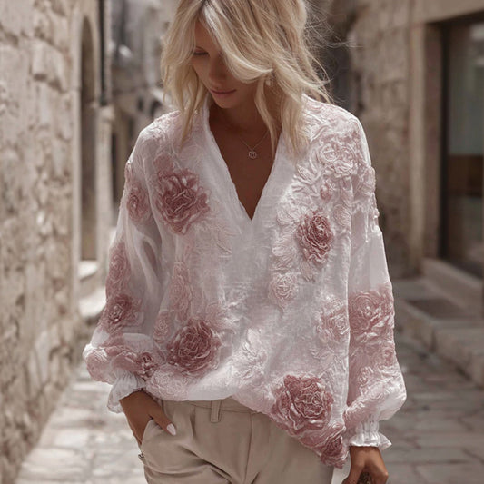 Women's Floral Embroidery Linen V-neck T-shirt elevenforest