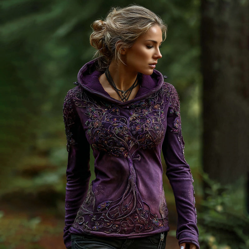 Comstylish Women's Vintage Viking Tree Of Life Pattern Plush Hoodie