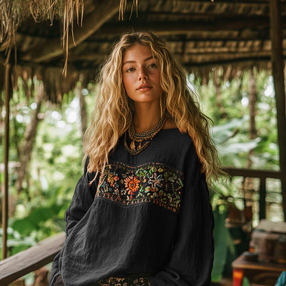 Retro Bohemian Art Embroidery Print Cotton And Linen Blend Loose Blouse artswardrobe