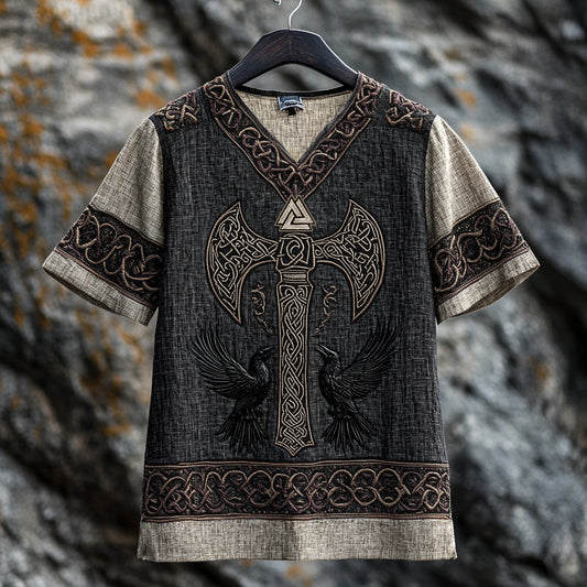 Men's Viking Runes Celtic Knot Raven And Axetotem Linen T-shirt elevenforest