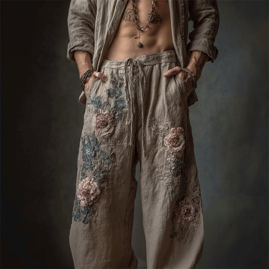 Men's Vintage Flowers Embroidered Wide Leg Linen Pants elevenforest