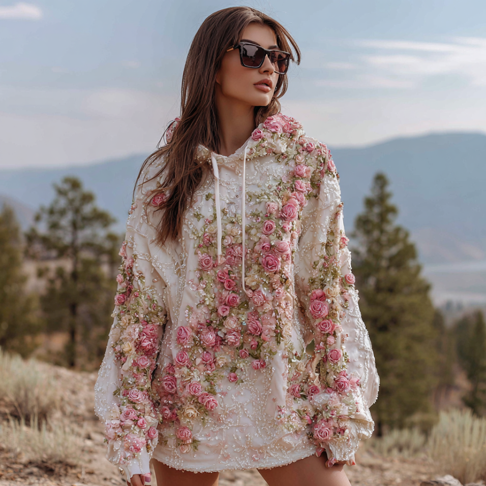 Bohemian Style 3d Rose Embroidery Women's Hooded Sweatshirt elevenforest