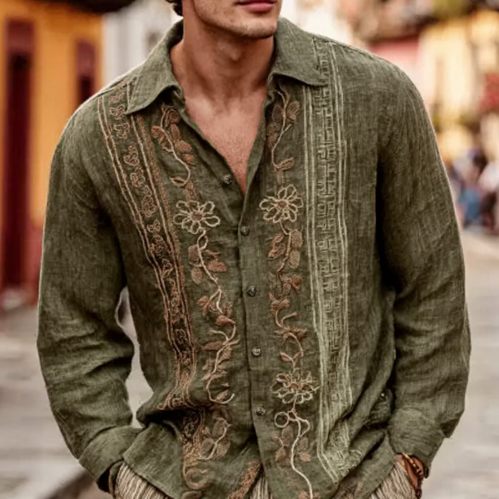 Men's Vintage Ethnic Floral Embroidered Linen Shirt elevenforest
