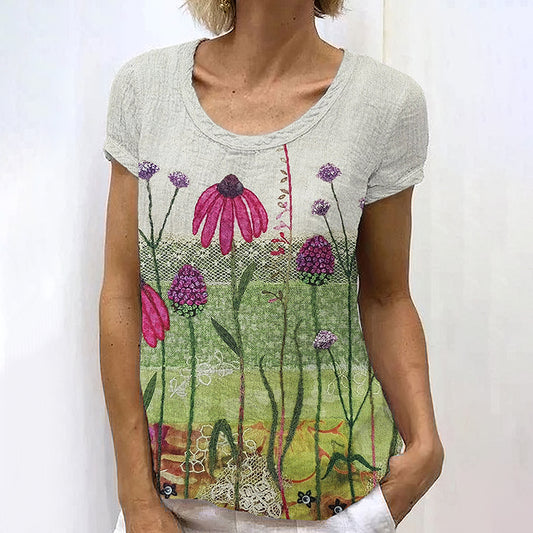 Comstylish Women's Echinacea Art Linen Crew Neck T-shirt