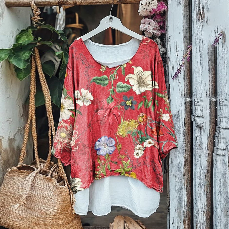 Vintage Floral Print V-neck Cotton Blouse elevenforest