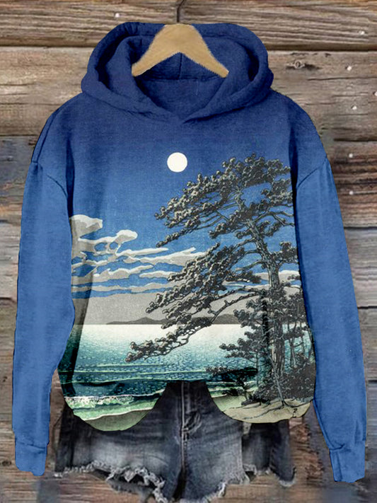 Spring Moon at Ninomiya Beach Japanese Art Hoodie elevenforest