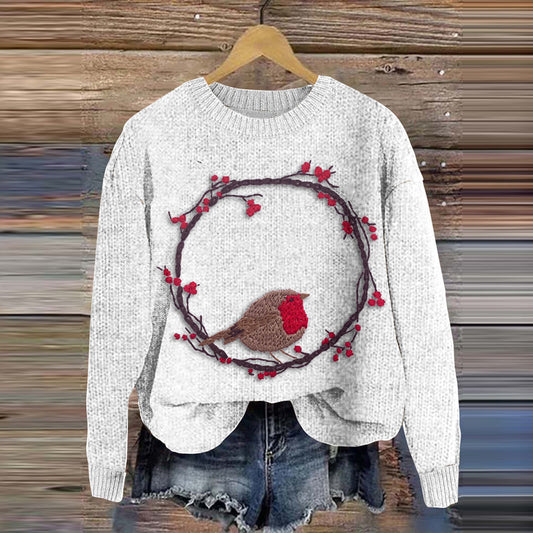 Art Bird And Flowers Embroidery Pattern Knit Art Cozy Crew Neck Sweater artswardrobe