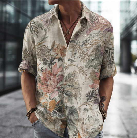 Bohemian Style Plant And Flower Pattern Men's Retro Cotton And Linen Short-sleeve Shirt elevenforest