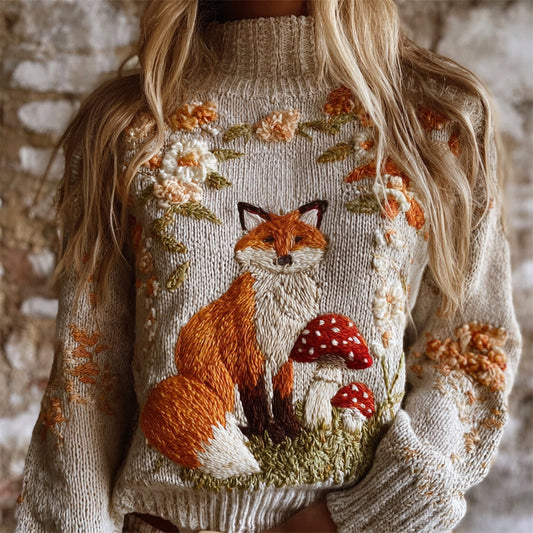 Vintage Fall Fox & Floral Embroidery Women's Knit Turtleneck Sweater artswardrobe