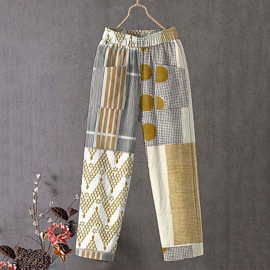 Comstylish Geometric Art Print Linen Blend Casual Pocket Pants