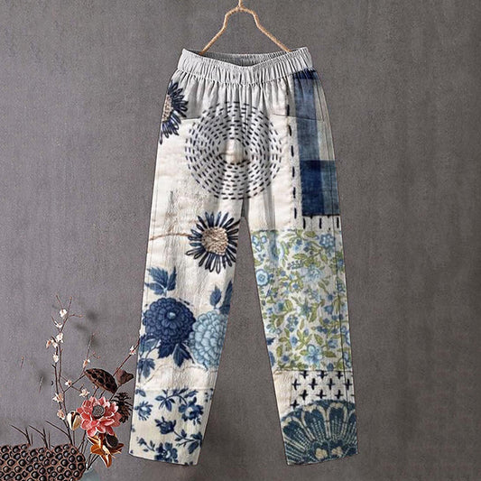 Japanese Flower Art Print Linen Blend Pocket Pants elevenforest