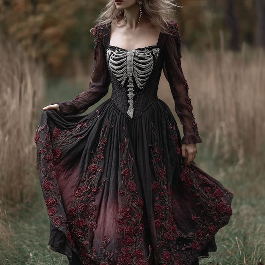 Vintage Skeleton Roses Fiber Art Gradient Flowy Linen Maxi Dress elevenforest