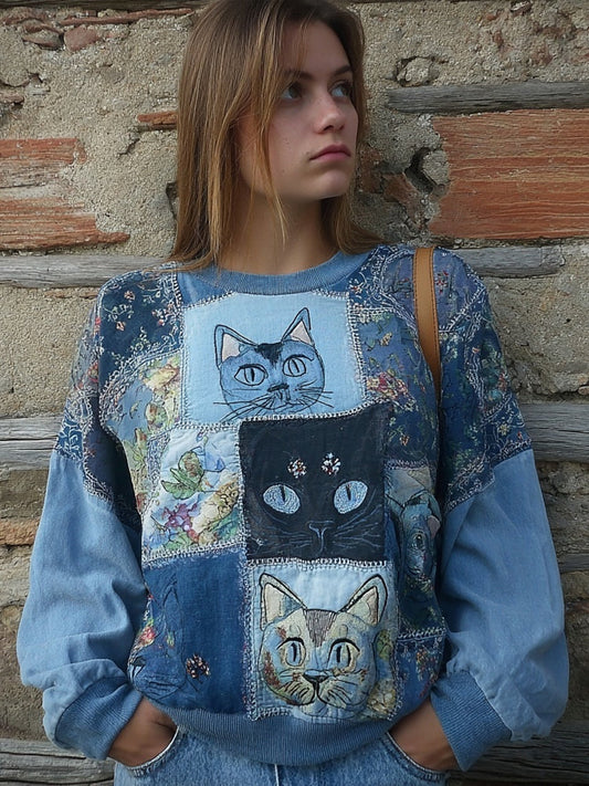 Cute Cats Boho Floral Embroidered Patchwork Cozy Sweatshirt elevenforest