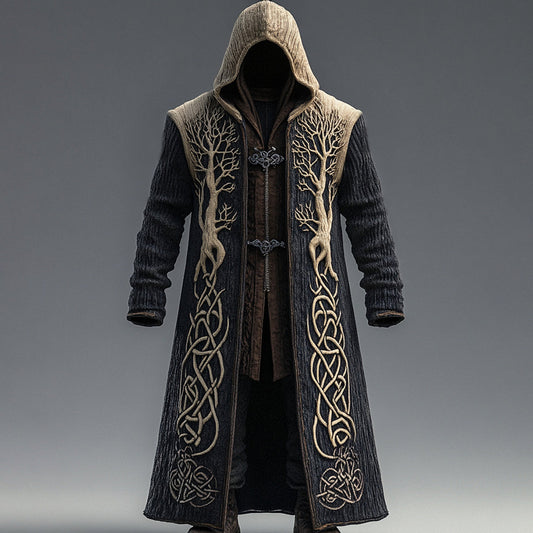 Men's Viking Contrast Color Tree Of Life Embroidered Knit Hooded Coat artswardrobe