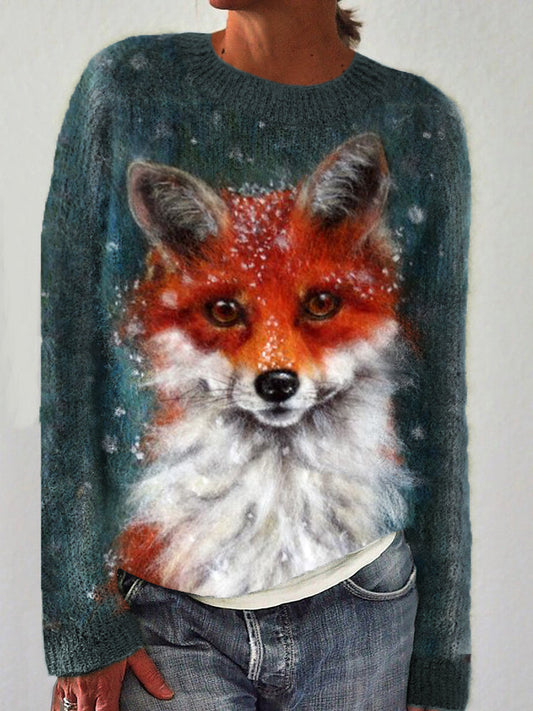 Fox in the Snow Wool Art Cozy Knit Sweater artswardrobe