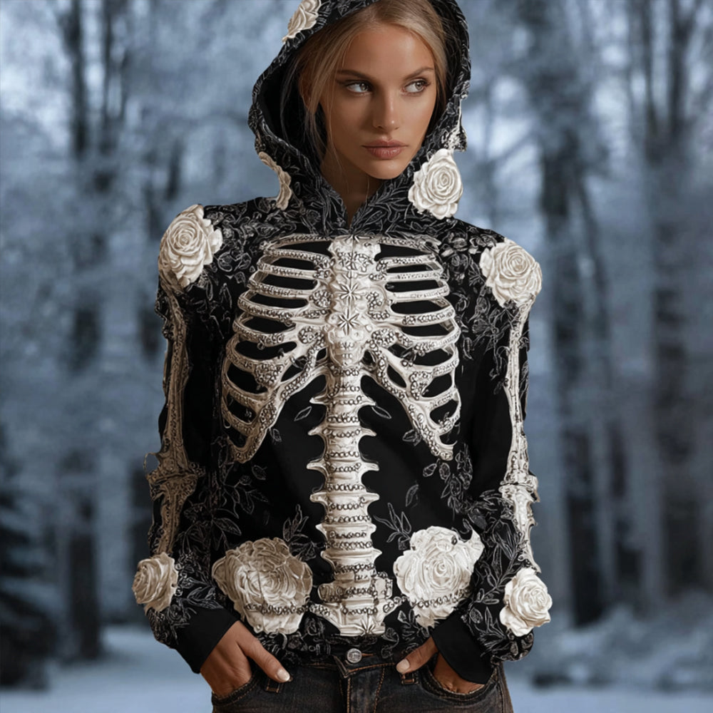 Comstylish Women's Halloween Skeleton Skeleton And Rose Aged Warm Hoodie