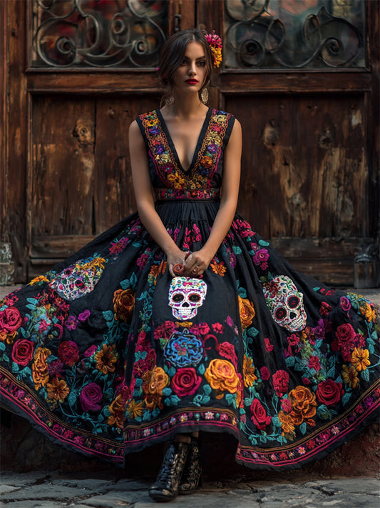Day Of The Dead Sugar Skulls Mexican Floral Linen Maxi Dress elevenforest