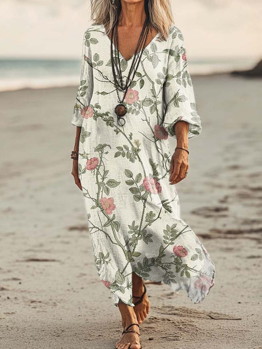 Women's Floral Print Art Print Pocket Cotton Dress