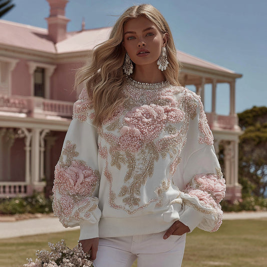 Women's Vintage Flower Embroidery Art Crew Neck Casual Sweatshirt