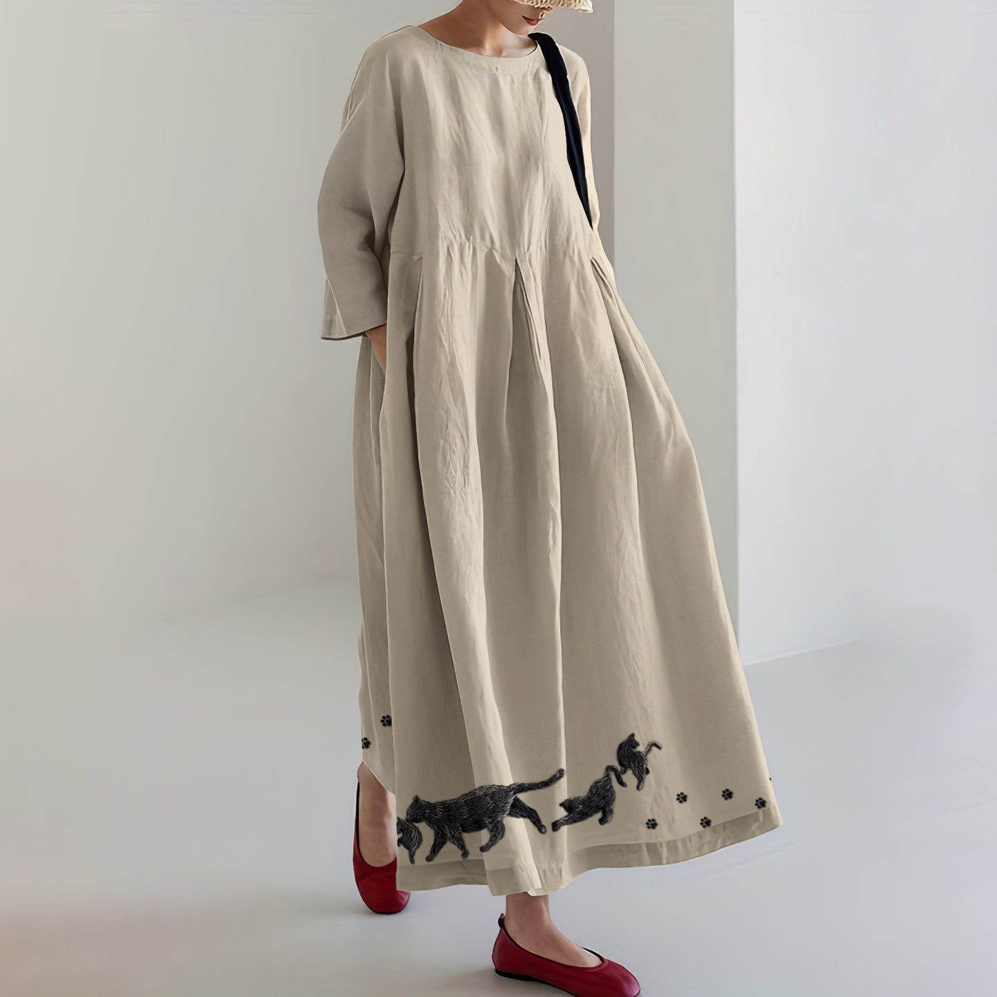 Comstylish Women's Cat & Paw Embroidery Art Cozy Maxi Dress