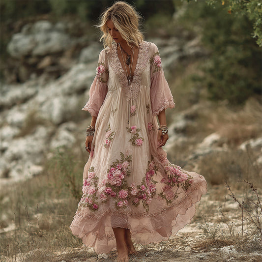 Vintage Pink Roses Fiber Art Lace Flowy Linen Maxi Dress elevenforest