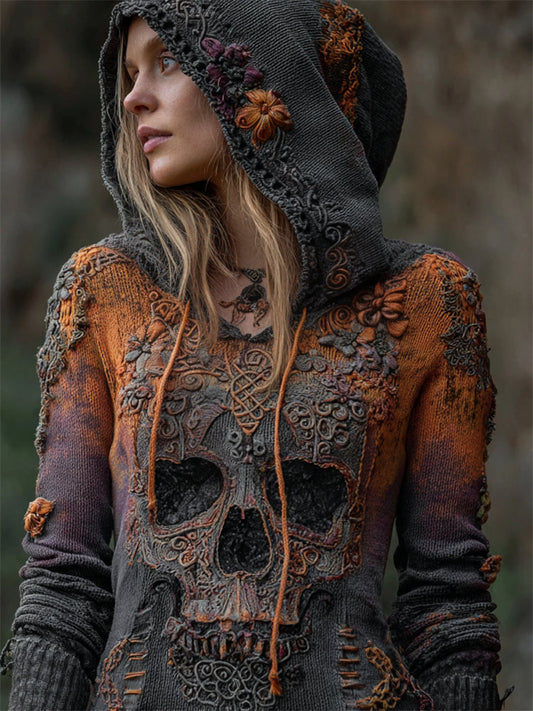 Comstylish Halloween Skull Floral Celtic Gradient Knit Hooded Sweater