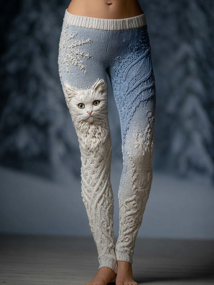 Lovely Cat Face Jacquard Gradient Cozy Knit Leggings elevenforest